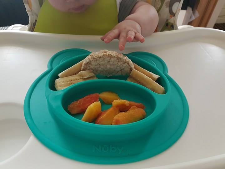 Baby led weaning: Peach, rice cake and banana