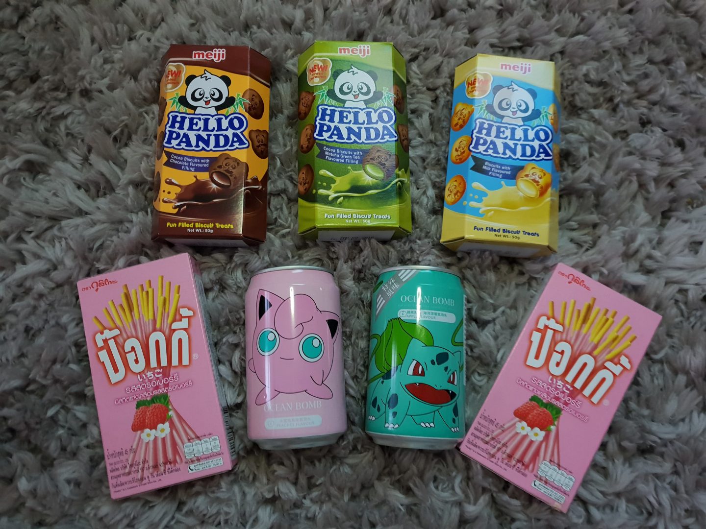 Pocky, Hello Panda and jigglypuff and bulbasaur fizzy drink