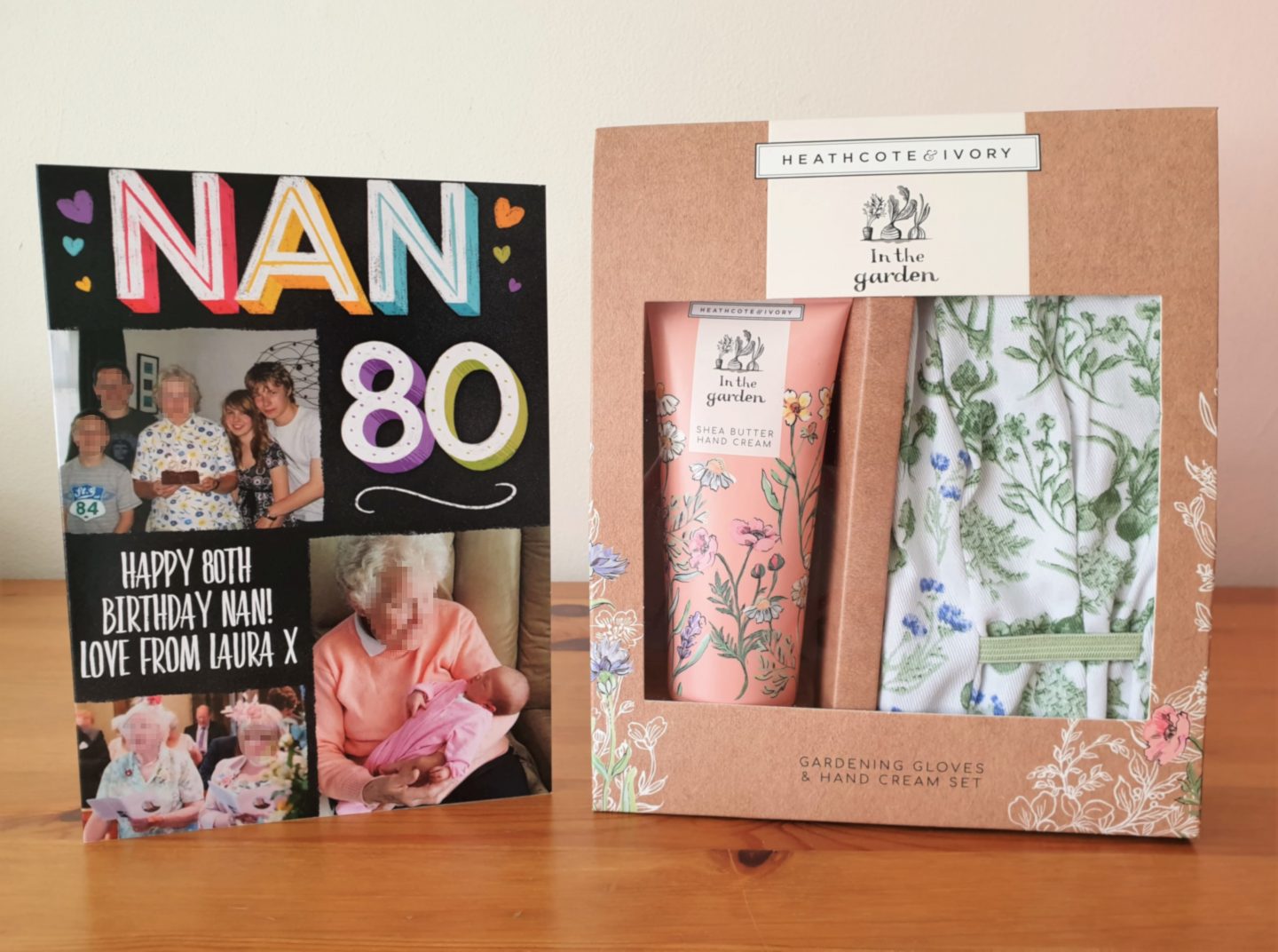 80th birthday card and gardener's gift set