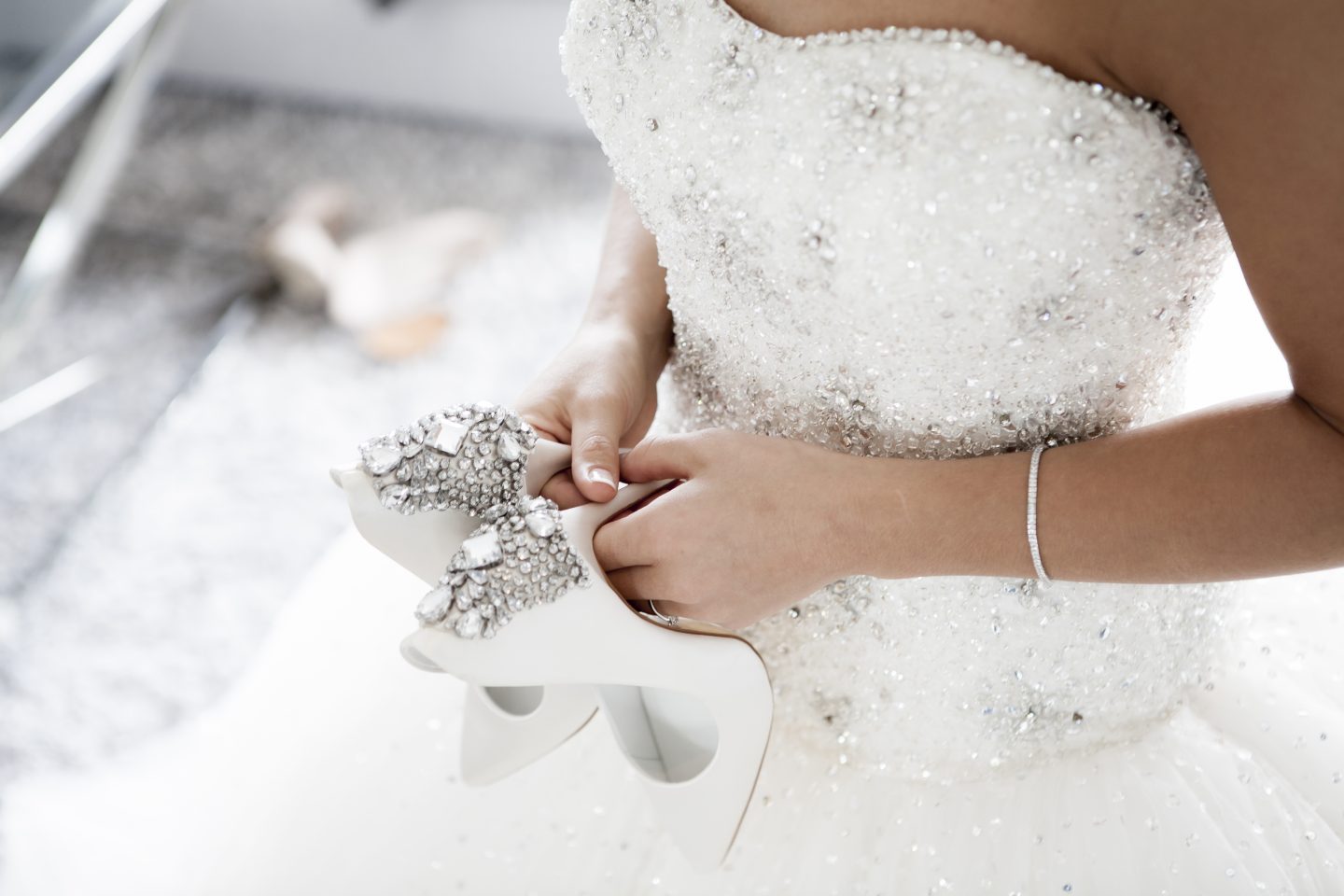 wedding dress, shoes and accessories