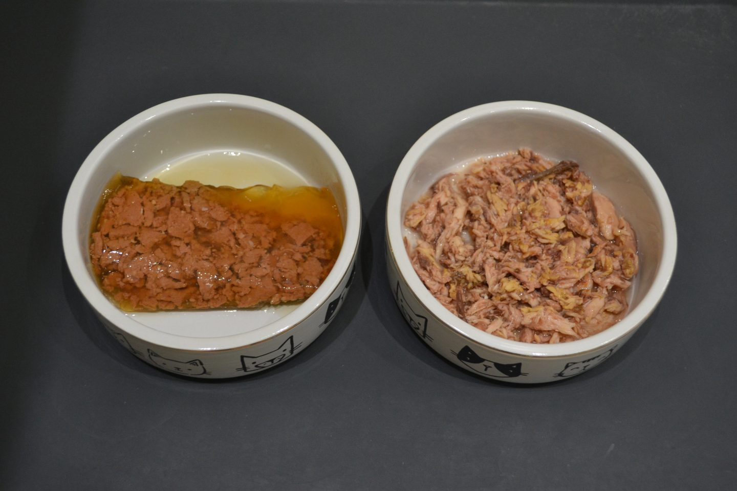 Bowl of supermarket brand cat food next to Untamed cat food
